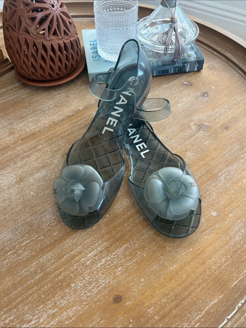 CHANEL Light Blue Jelly Camellia Slingback Sandals